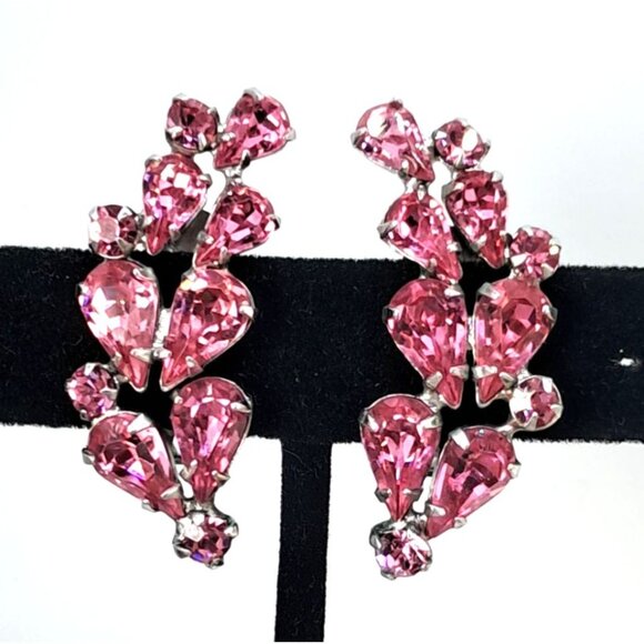 Vintage Pink Rhinestone Earrings Ear Climbers Clip Ons Silver Tone Costume Jewel - Picture 3 of 8
